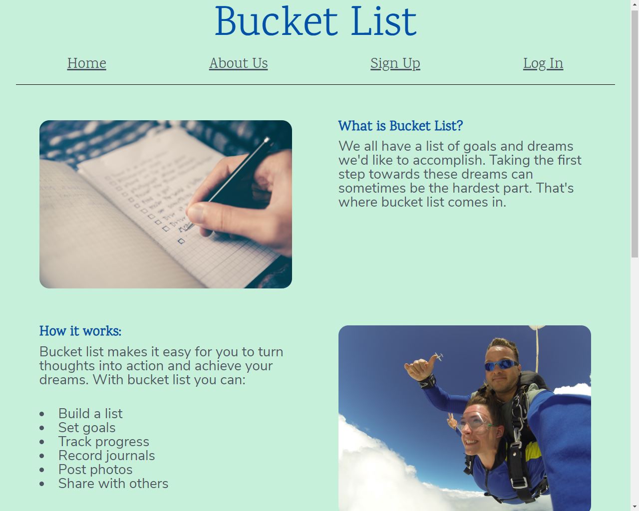 A picture of bucket list apps landing page